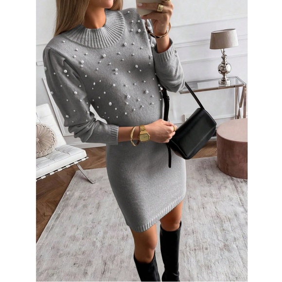 Grey Sweater Short Mini Dress Faux Pearl Embellished Long Sleeve - Picture 8 of 13
